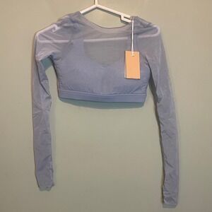 NWT Popflex Women Athletic Fitness Gym Coquette Longsleeve Mesh Bra Blue Size XS